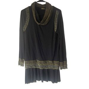 Dolcezza Size Medium Art To Wear Hippy‎ Gray Green Knit Cowl Neck Tunic Top